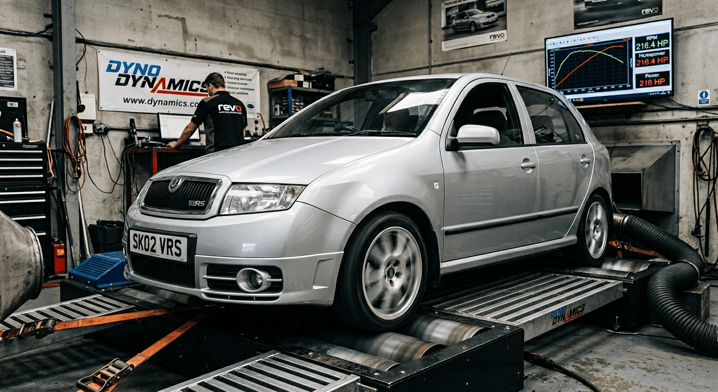 Car on a rolling road dyno in a workshop